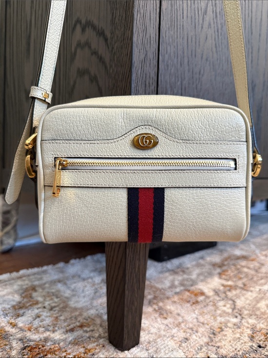 Gucci Handbags - Gucci Cream Pebbled Leather Crossbody with Red and Navy Web